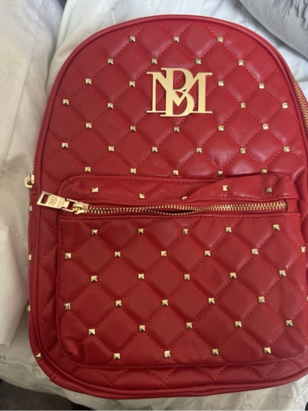 Badgley Mischka Red Quilted Studded Backpack with Gold Hardware